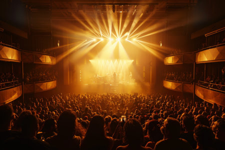 A group of individuals sitting in front of a stage, eagerly awaiting a performance by artists. Generative AIの素材