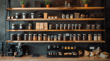 A shelf displays a wide variety of food items, including fruits, vegetables, canned goods, and snacks. Generative AIの素材