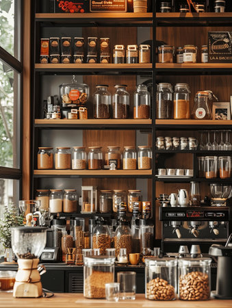 A coffee shop displays a variety of coffee blends on shelves, showing a wide range of options for customers. Generative AIの素材