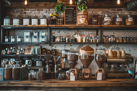 A variety of coffee blends are displayed on shelves in a bustling coffee shop. Generative AIの素材