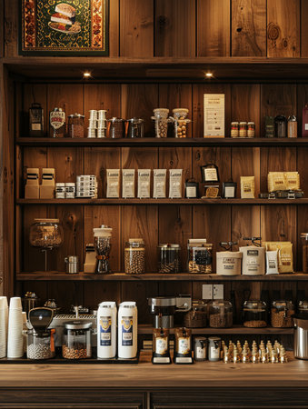 A crowded coffee shop filled with shelves of assorted coffee blends and people browsing the selection. Generative AIの素材
