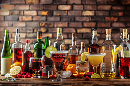 A table filled with various types of alcohol, including bottles of whiskey, vodka, rum, gin, tequila, and mixers like tonic water and vermouth. Generative AIの素材