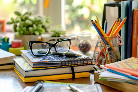 A stack of books rests upon a rustic wooden table, creating a striking visual of organized knowledge waiting to be explored. Generative AIの素材