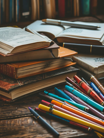 A stack of books sits atop a rustic wooden table, creating a captivating visual of literary abundance. Generative AIの素材