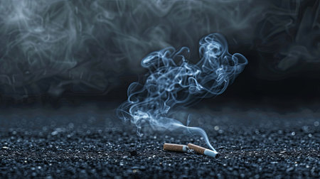 Cigarette on the ground emits smoke, abstract background, World No Smoking Day concept. Isolated on dark gray backdrop. Generative AIの素材