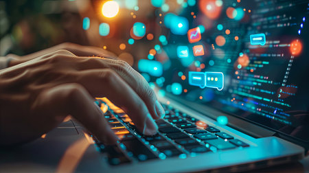 Hands typing on laptop keyboard with glowing social media icon. Internet and networking conceptの素材