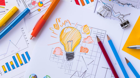 Colorful pencils and lightbulb on a paper with sketchesの素材