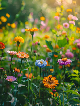 Beautiful colorful flowers in the garden, soft focus, nature backgroundの素材