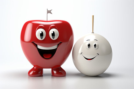 3d illustration of red apple and white apple with happy face on white backgroundの素材