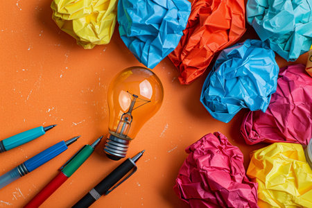 Colored crumpled paper balls and lightbulb on orange backgroundの素材