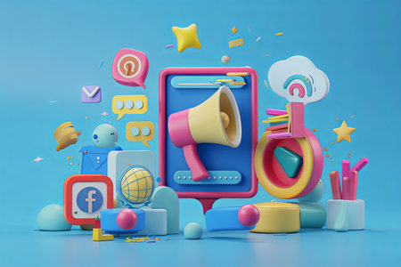 3d render of social media concept with megaphone on blue backgroundの素材