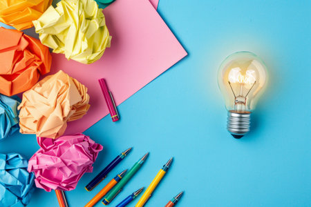 Colored crumpled paper balls and light bulb on blue backgroundの素材