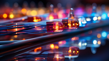 Close up shot of LED lights in a row. Blurred background.の素材