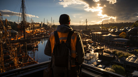 A man with a backpack looks at the port of Hamburg at sunsetの素材