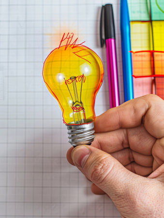 Hand holding a light bulb with colorful stationery in the background.の素材
