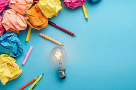 Colorful crumpled paper balls and light bulb on blue backgroundの素材