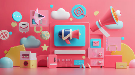 3d rendering of colorful social media icons set on pink background.の素材