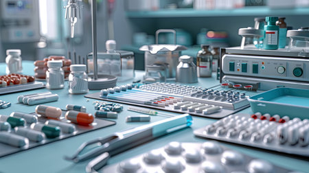 Medical equipment. Pills, tablets and stethoscope. 3d renderingの素材