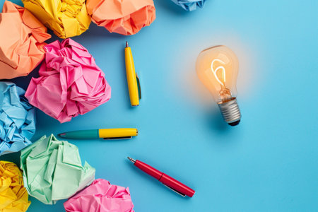 Colored crumpled paper balls and light bulb on blue backgroundの素材