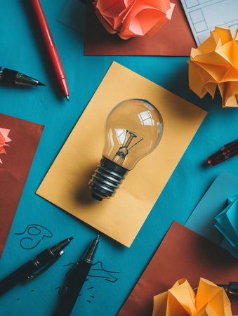 Idea concept with lightbulb and origami paper on blue backgroundの素材