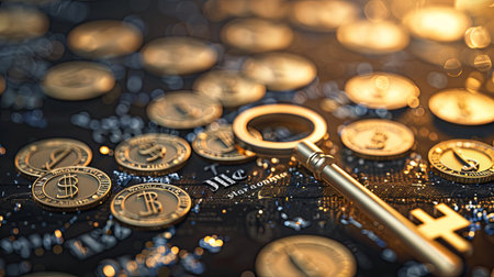 Golden coins and key on a black background. Cryptocurrency conceptの素材