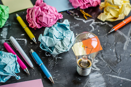 creative ideas concept with crumpled paper and lightbulbの素材