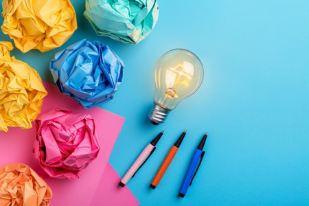 Colored crumpled paper balls and light bulb on blue backgroundの素材