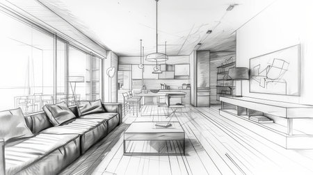 sketch design of living room,3dwire frame renderの素材