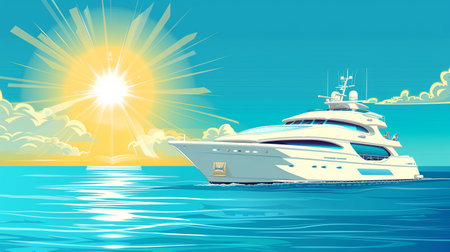 Yacht on the sea at sunset. Vector illustration in cartoon style.の素材