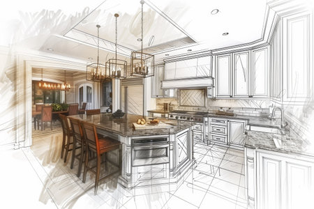 sketch design of kitchen,interior sketch drawing,3d renderingの素材