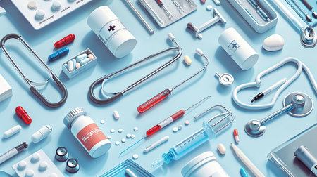 Medical background with stethoscope, pills, syringes, tablets, capsules and vials. 3D renderingの素材