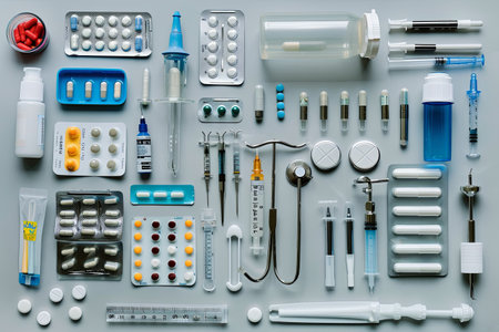 Medical equipment and pills on gray background. Top view, flat layの素材