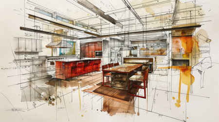 sketch design of kitchen,interior sketch,3d renderingの素材