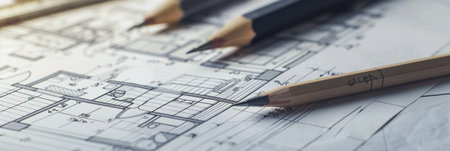 Architectural plans and pencils on the background of blueprintsの素材