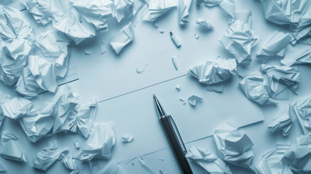Pen and crumpled paper on a blue background, business conceptの素材