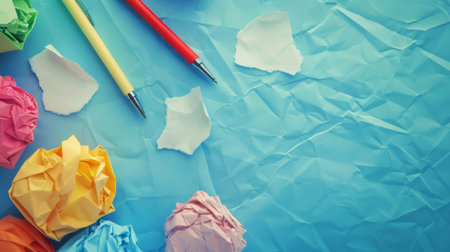 Colorful crumpled paper ball and pencils on blue backgroundの素材