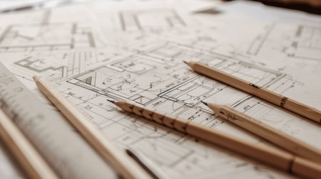 Architectural plans, pencils and blueprint rolls on the tableの素材