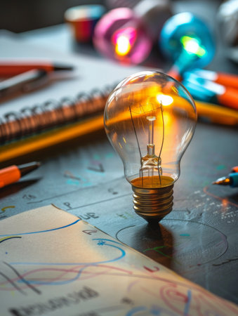 lightbulb and school supplies on a black background. education conceptの素材