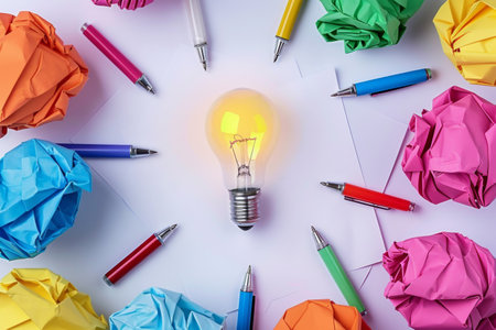 Incandescent light bulb among crumpled paper balls and pensの素材