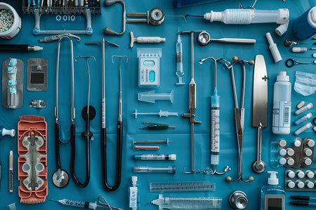 Medical instruments and instruments on blue background. Top view, flat lay.の素材