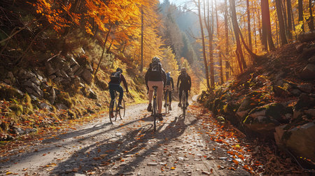 Group of cyclists riding on the road in the autumn forest at sunsetの素材