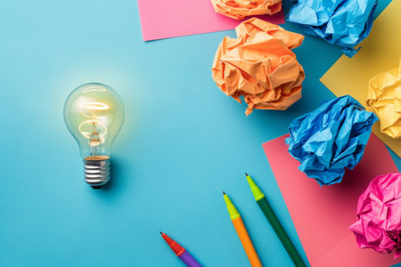 Colored crumpled paper balls and light bulb on blue backgroundの素材