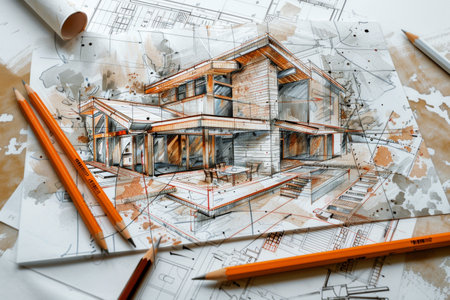 Architectural project of a wooden house with drawings and pencilsの素材