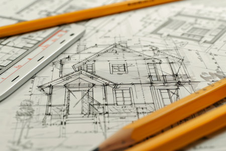 Architectural project with ruler, pencil and house model. Architect workplaceの素材