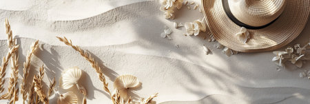 top view of straw hat, seashells and spikelets on white sandの素材