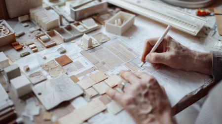 Architect working on blueprint in his studio. Closeup of male hands drawing on paper.の素材