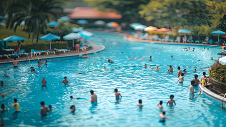 Miniature people swimming in swimming pool in hotel resort, selective focusの素材