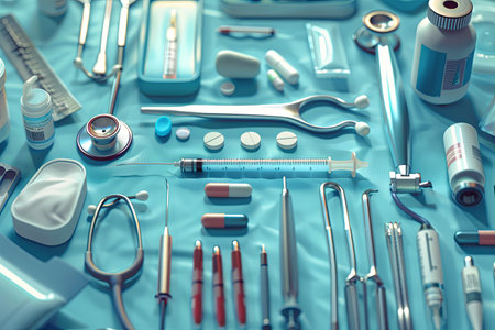 Medical tools and instruments on blue background, 3d rendering. Computer digital drawing.の素材