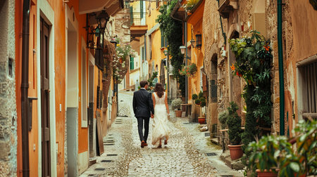 Wedding couple walking in the old town of Liguria, Italyの素材