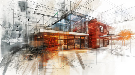 Modern architecture. Mixed media. 3D illustration. Construction concept.の素材